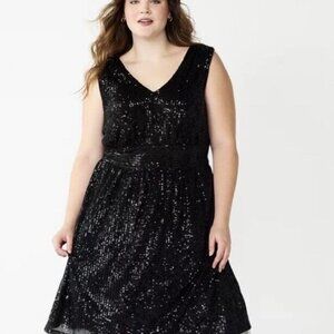 Black Sequin V Neck Dress By Draper James  Women's Size 20W Tea Length